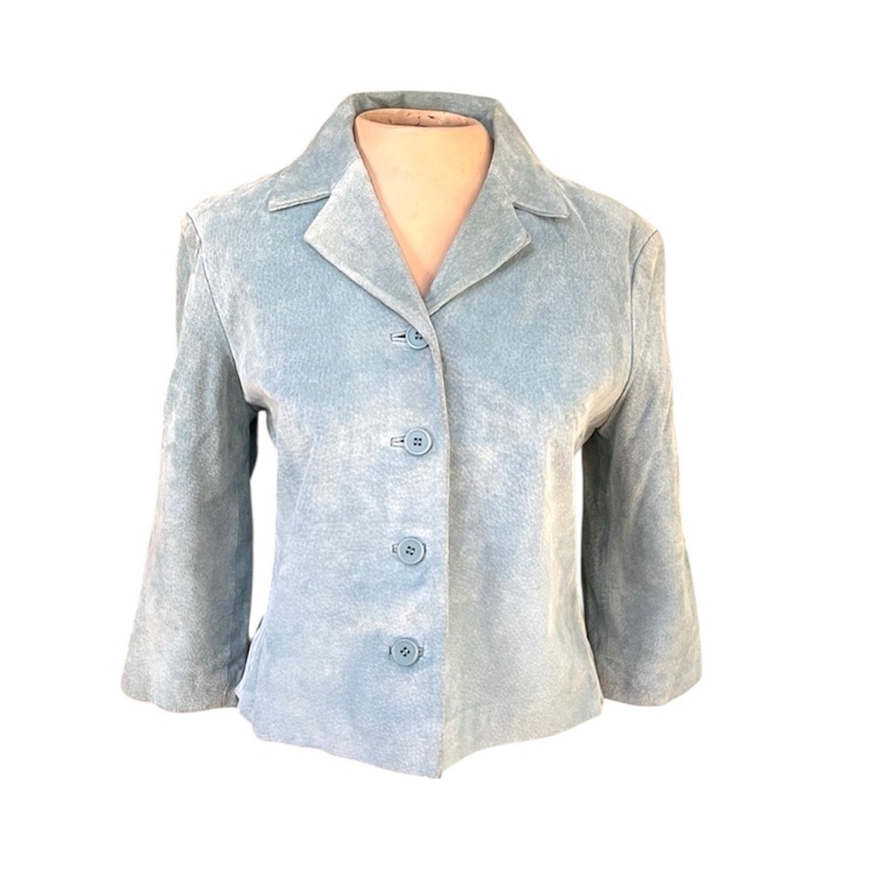 Rem Garson Suede Leather Blue Cropped Blazer, Notched Lapel,Tailored Fit Size MP